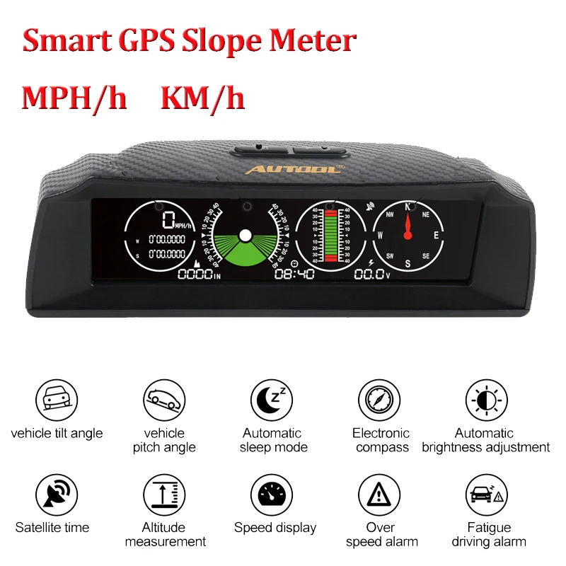 AUTOOL On-board Computer HUD Display Car GPS Speedometer Slope Meter Inclinometer Compass Battery Voltage Car Electronics