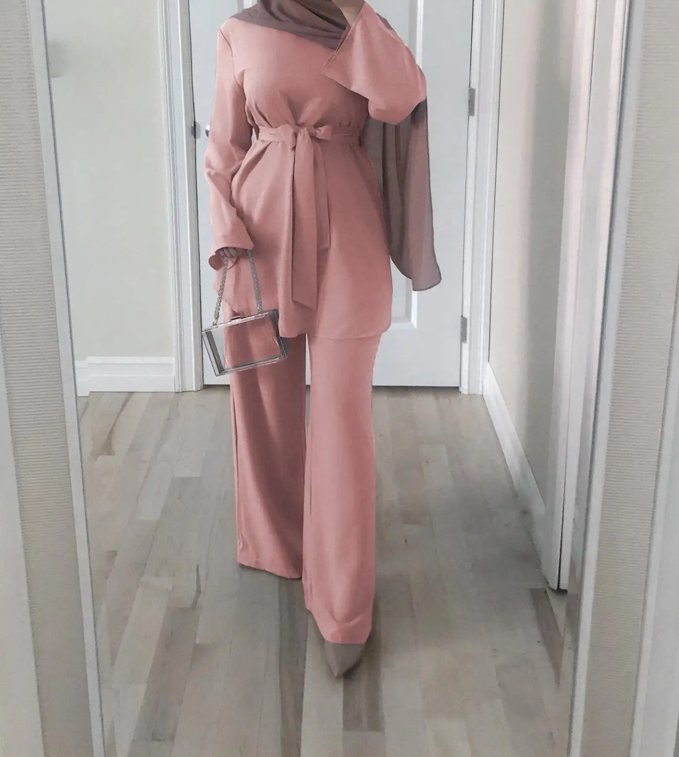 Элегантный мусульманский Топ Штаны Абаи костюмы Макси длинное платье, Роба халаты кимоно Ближний Восток Рамадан ИД Исламская, молитвенная сайт Tesettur Elbise - Цвет: pink