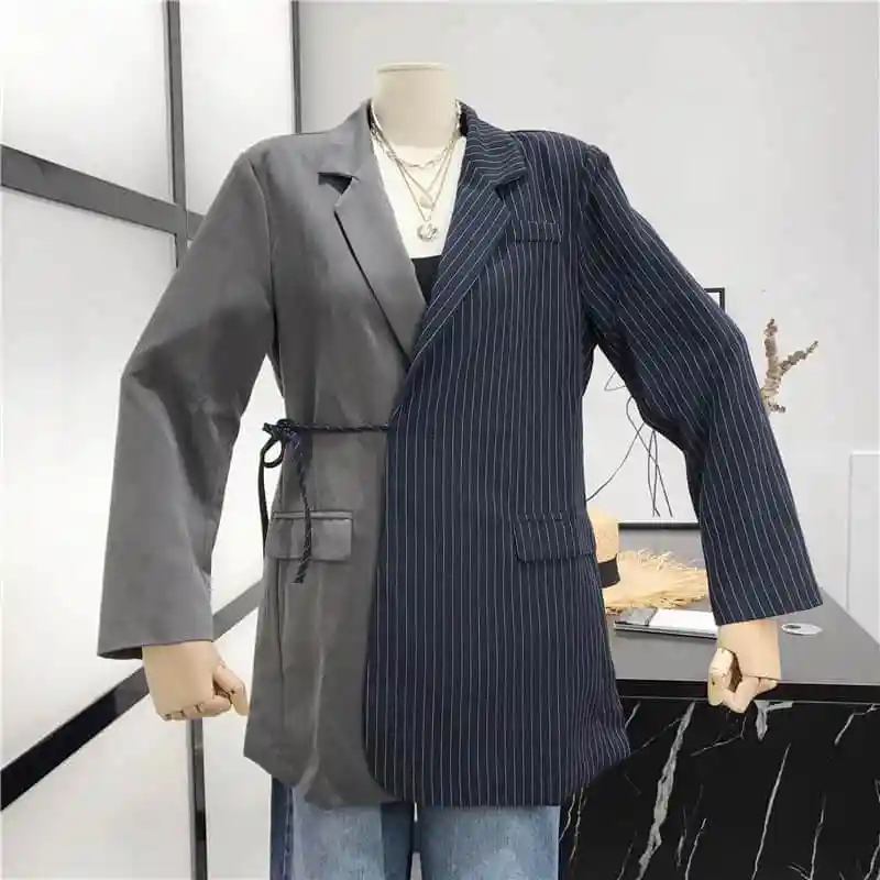 

Ladies Blazers Jacket 2019 Spring Coat Women Asymmetric Striped Patchwork Long Blazer Runway Casual Women's Suit Coat plaid top