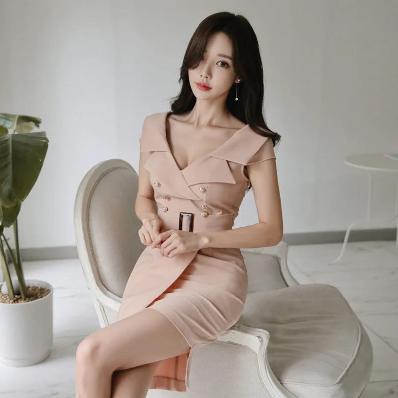 

Irregular Business Dress 2019 New Style Suit Collar Sheath Slim Fit Ol Slit White Collar Elegant Backless WOMEN'S Dress