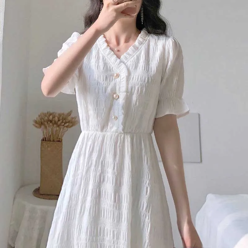 Korean White One-Piece Dress 2020 Female Summer New Vintage V-Neck Puff Sleeve Elegant Dress Women Holiday Party Dress Vestidos