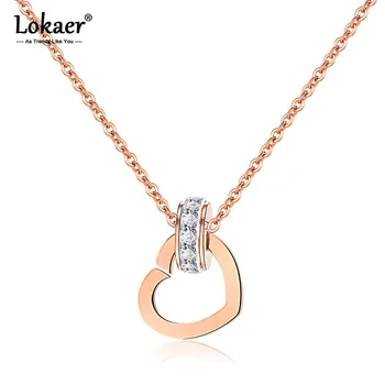 Lokaer Luxury Cubic Zirconia Circle Heart Charm Pendant Necklaces Rose Gold Color Stainless Steel Chain Neckalce Jewelry N17063