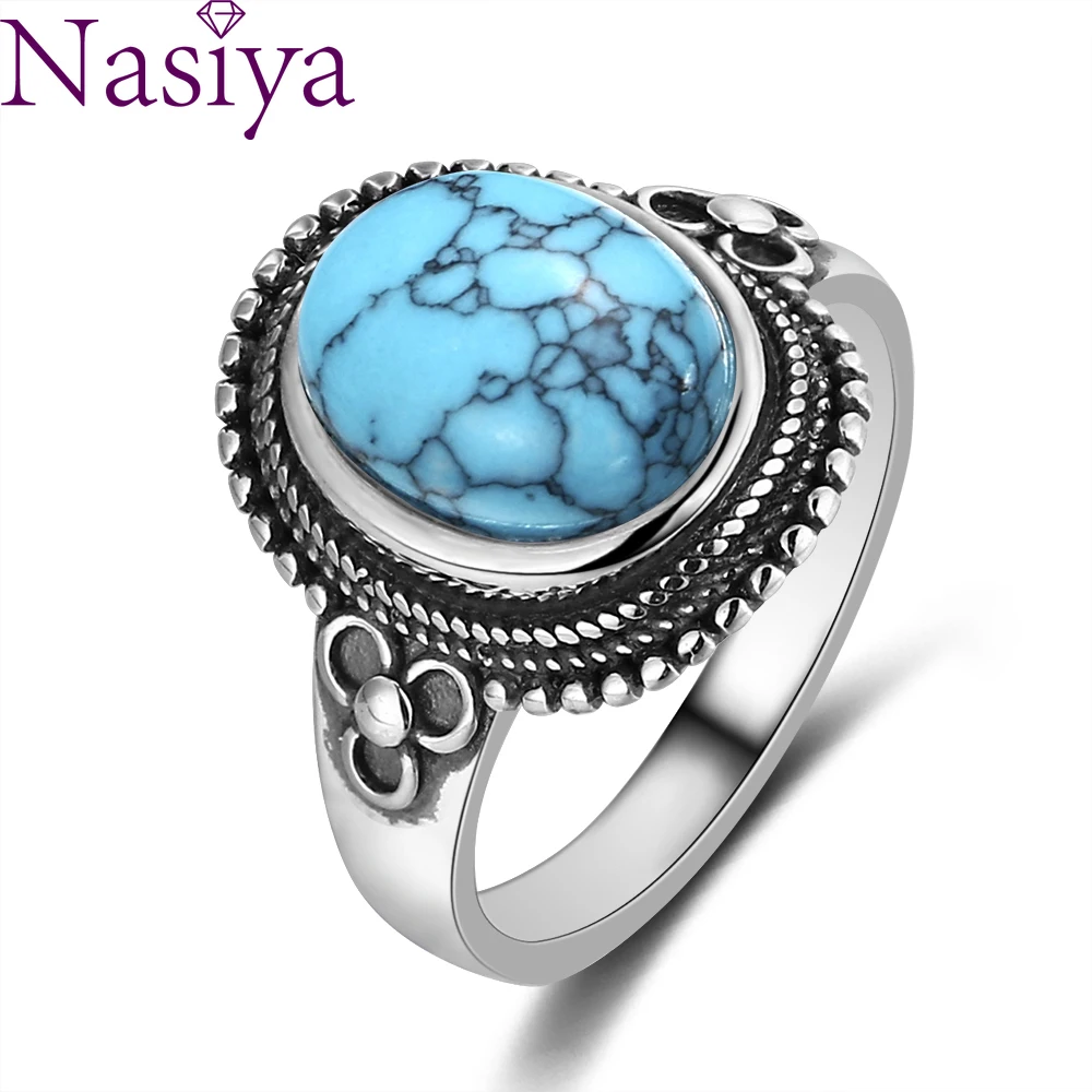 

Women 100% 925 Silver Ring 8x10MM Natural Turquoise Vintage Ring Engagement Wedding Party Gift Wholesale