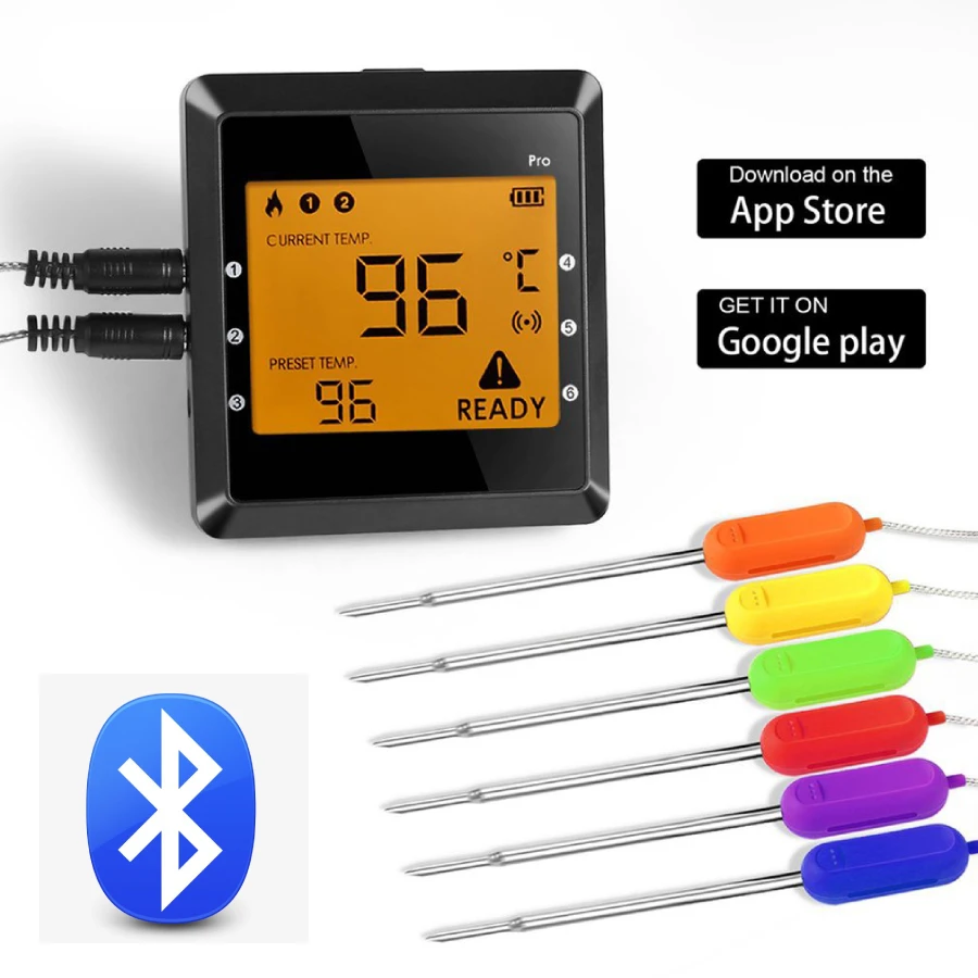 

Wireless Bluetooth Smart BBQ Thermometer w/ 6 Stainless Steel Probes, Large LCD Display, Carrying Case, Cooking Thermometer USA