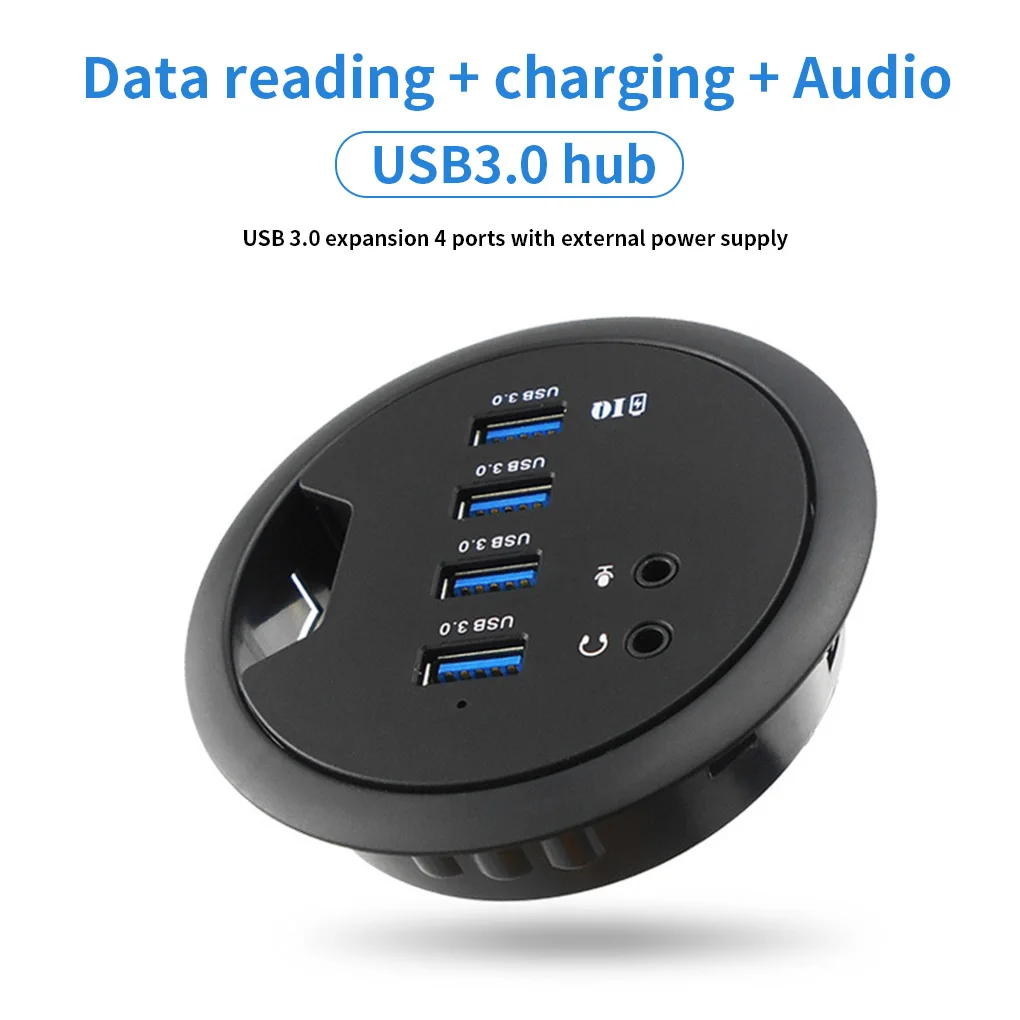 Table Grommet USB Hub Office Desktop Cable Hole Mounted USB Extender Adapter with Headphone Microphone Port EU Plug