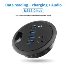 Table Grommet USB Hub Office Desktop Cable Hole Mounted USB Extender Adapter with Headphone Microphone Port EU Plug