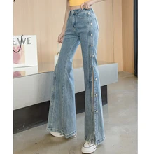 

Women Vintage Pocket Long Plus Size Denim Pants 2021 Sexy Heavy Industry Wide Leg Summer Thin Side Open Button Jeans Streetwear
