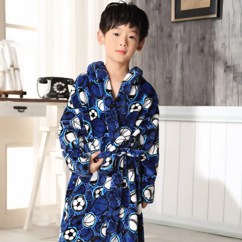 Детский банный халат для мальчиков; Фланелевая пижама с рисунком ночнушка для девочек с героями мультфильмов; одежда для сна; халат; подростковые пижамы детская одежда с капюшоном Bathgowns От 4 до 13 лет - Цвет: dark blue