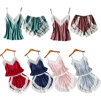 

Women Imitation Silk Sexy Lingerie Set Spaghetti Strap Camisole Side Split Shorts Lace Patchwork Pajamas Solid Color Sleepwear