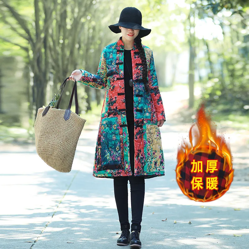

Photo Shoot 2018 New Style Ethnic-Style Mid-length Cotton Linen Frog Printed Large Size Padded Cotton Overcoat