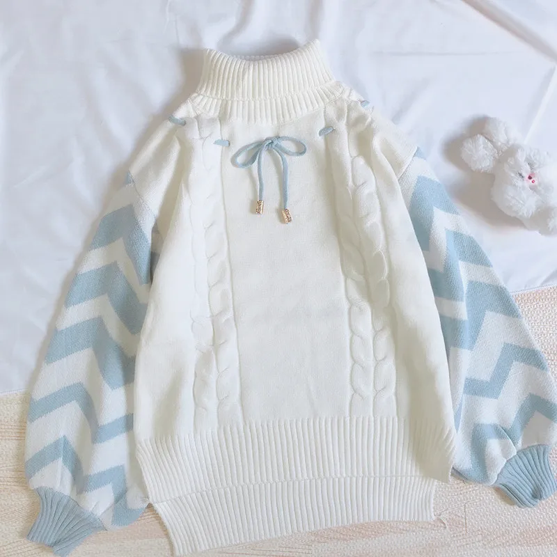 Soft Girl Small Fresh Puff sleeve Loose Lace-up Knitted Sweater Preppy style Women's Kawaii High collar Knitwear Tops 3 Colors | Женская