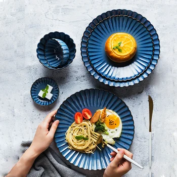 

Ceramic Dishes Tableware Set Dinnerware Set Rice Bowl Soup Bowl Western Food Fruit Plates Creative Retro Blue Northern European