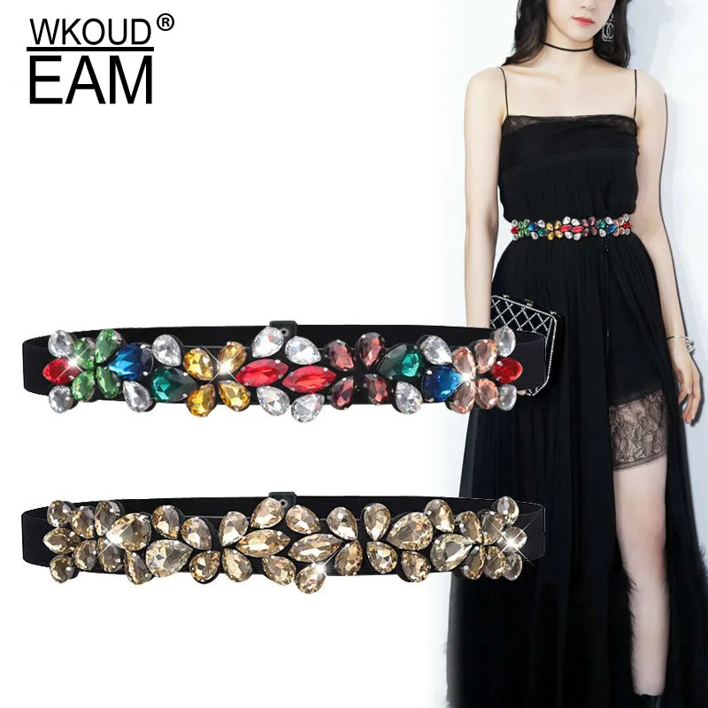 

WKOUD EAM 2020 New Diamond Rhinestone Elastic Waistband Lady Girdle Temperament Wild Wide Belt For Women Tide PE326