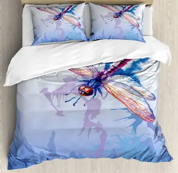 

Dragonfly Duvet Cover Set Colorful Purple Moth Watercolored Design with Abstract Grunge Blue Ombre Print Bedding Set