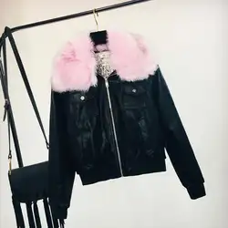 2019 Осенняя Женская корейская модная кожаная куртка с меховым воротником и отстрочкой из искусственной кожи, мотоциклетная куртка