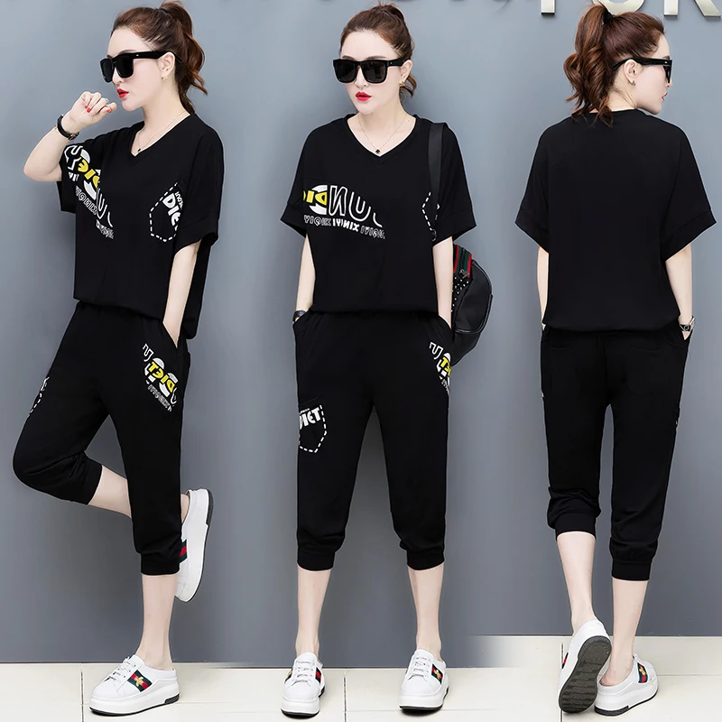 

Large size ladies summer new fat mm loose leisure suit show thin 7 minutes of pants two-piece printed t-shirts with short sleeve