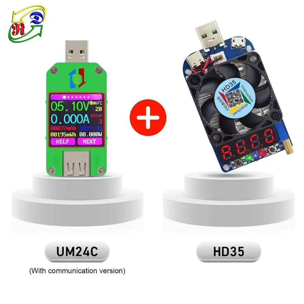 UM24 UM24C приложение USB 2,0 ЖК-дисплей Вольтметр Амперметр батарея заряд напряжение измеритель тока мультиметр кабель измерительный тестер - Цвет: UM24C and HD35