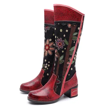 

2019 New Women Knee High Boots Retro Genuine Leather Bohemia Booties Spring Autumn Ladies Warm Red Bottoms Low Heel Shoes