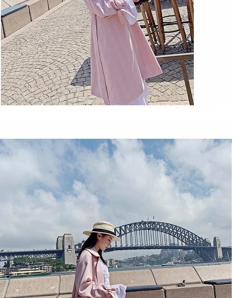 Фотосессия шикарный нежно-розового цвета в клетку средней длины Slim Fit костюм воротник Однобортный талии облегающие шнуровка Тренч Для женщин