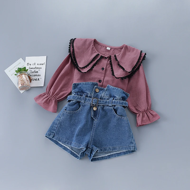 

От 2 до 7 лет комплект одежды для девочек высокого качества; Новинка 2020 года; Сезон осень; Модная повседневная Однотонная рубашка + джинсовые штаны; Детская одежда