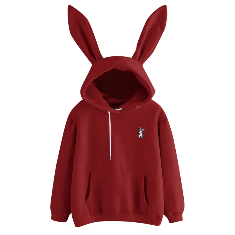 QRWR 2021 Autumn Winter Women Hoodies Kawaii Rabbit Ears Fashion Hoody Casual Solid Color Warm Sweatshirt Hoodies For Women