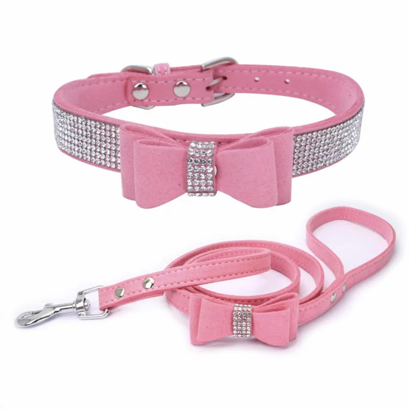 

Dog collar dog leash Bow Diamond decoration Dog harness collar perro chihuahua leather dog set All Seasons Collars Jeweled