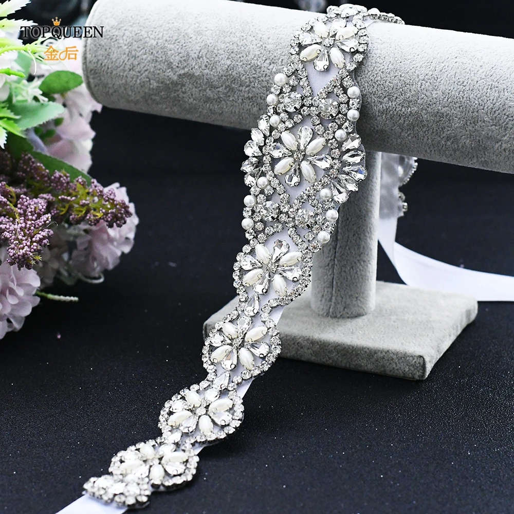 TOPQUEEN S161 White Wedding Belts Silver Rhinestone Belt Accessories for Bride Crystal Formal Dress Belt Gown Sash Bridal Belt
