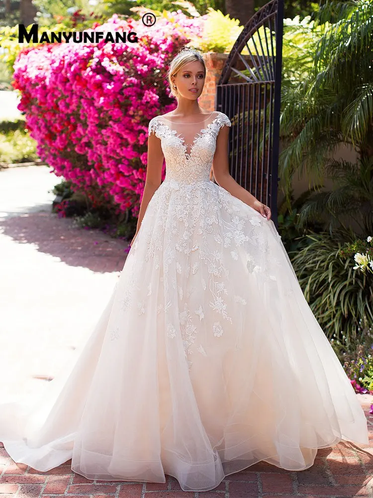 

V Neck Wedding Dresses Cap Sleeves Floor Length Applique Open Back Sheer Tulle A Line Backless Bridal Dress Vestido De Noiva