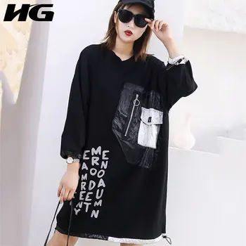 

HG Patchwork Letter Zipper Pocket Dress Women 2020 Autumn Casual Fashion New Style Temperament O Neck Full Sleeve Dress ZP3744