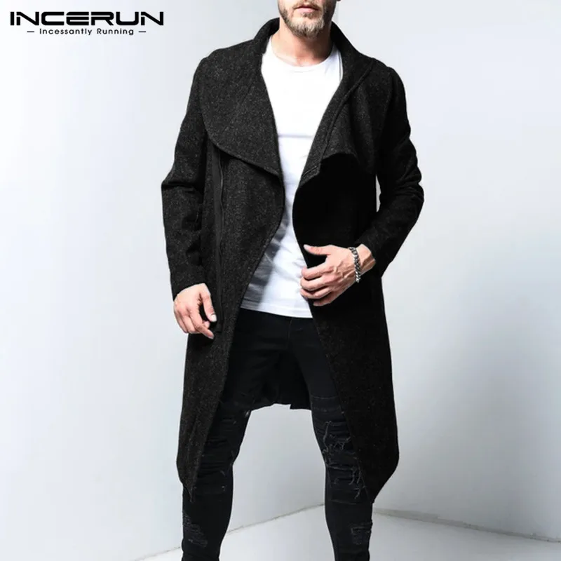 INCERUN, панк стиль, мужские однотонные куртки с длинным рукавом, Тренч, модные, с большим отворотом, мужские, тонкие, повседневные, ветровки, пальто, уличная одежда