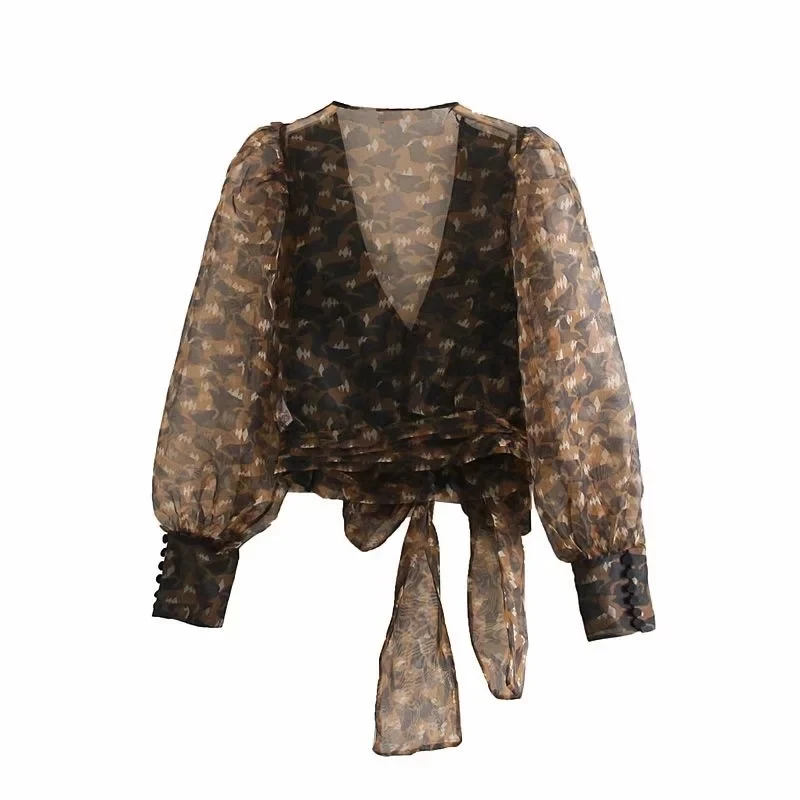 Модная женская рубашка с v-образным вырезом и принтом из органзы, Осенняя женская блузка с длинным рукавом для отдыха, Короткие топы S6509
