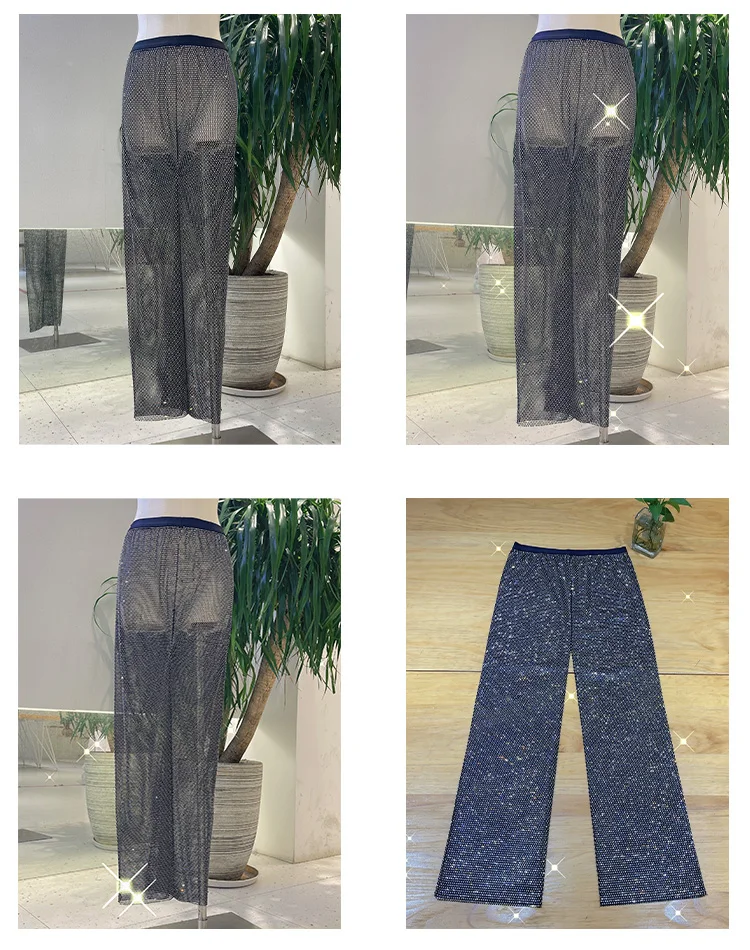 flare jeans H80&S90 New Sexy and Club Crystal Diamond Shiny Women Pants Hollow Out Mesh Wide Leg Rhinestone Trousers See Through Beachwear capri pants for women