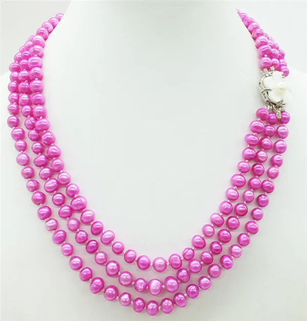 

HABITOO 3 Rows 6-7MM Natural Rose Freshwater Pearl Necklace 19-21 inches White Shell Flower Clasp Jewelry Charming Gifts