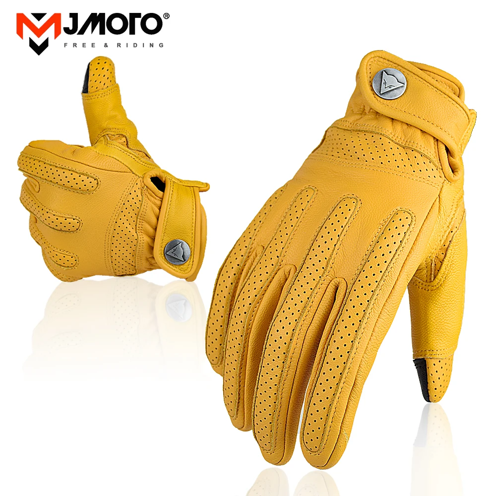MJMOTO Motorcycle Genuine Leather Gloves Men Motorcycle Riding Full Finger Spring Gloves With Fur Vintage Brown Cowhide Leather