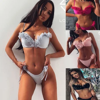 

3D Chiffon Flower Push Up Underwired Swimsuit Sexy Strappy Lace Two Pieces Beach Party Beach Wear For Female Bathing Suit