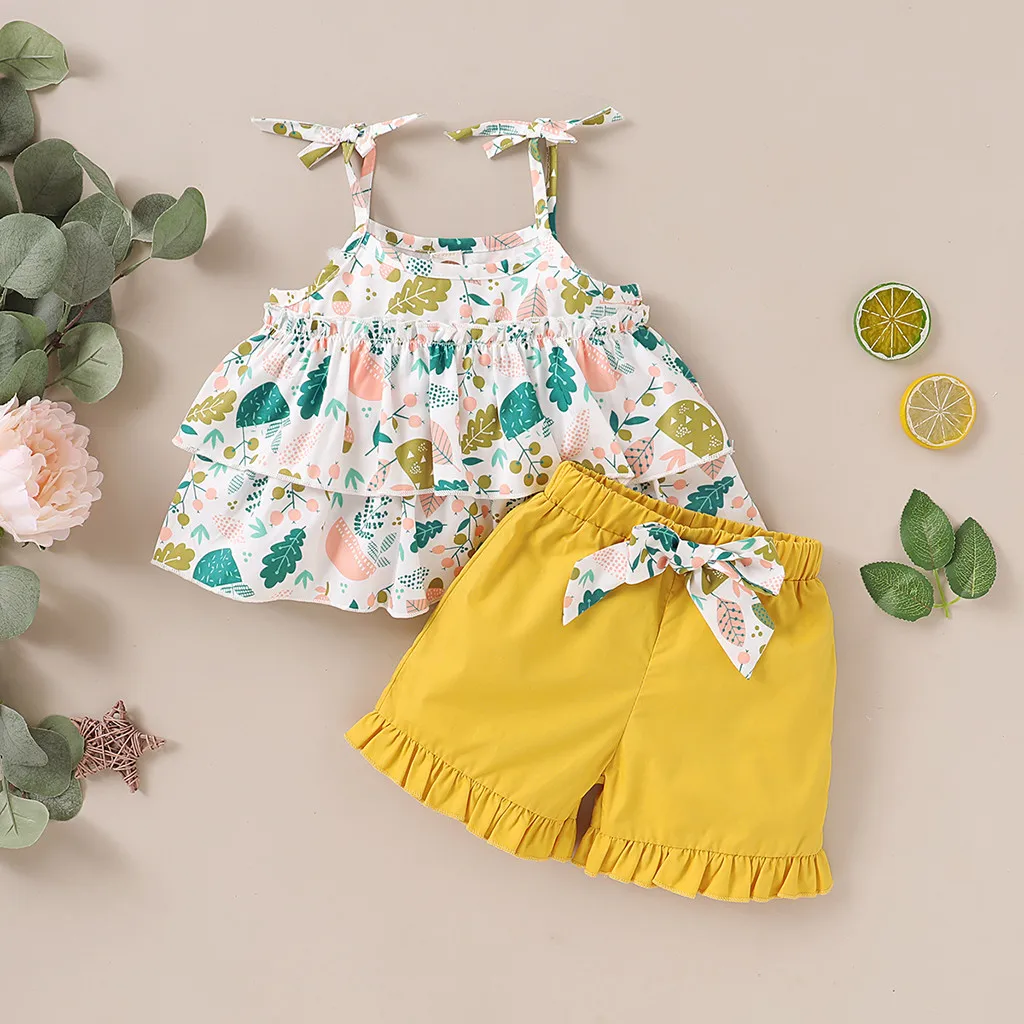 

(6M-3T) Children frill sleeveless floral print camisole top + solid color shorts suit sleeveless ruffle floral print camisole S4