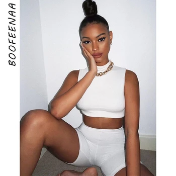 

BOOFEENAA Crop Top High Waisted Biker Shorts Two Piece Summer Outfit Women Sexy Bodycon Tracksuit Sport 2 Piece Set C87-AA04