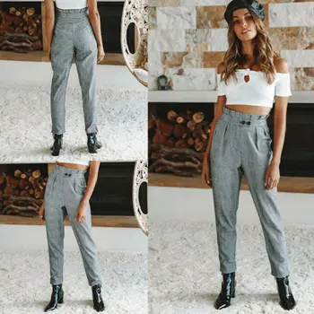 

Women Fashion Casual Long Pants Plaid Pencil Office Ladies Fashion Button Trousers Stretch Slim High Waist
