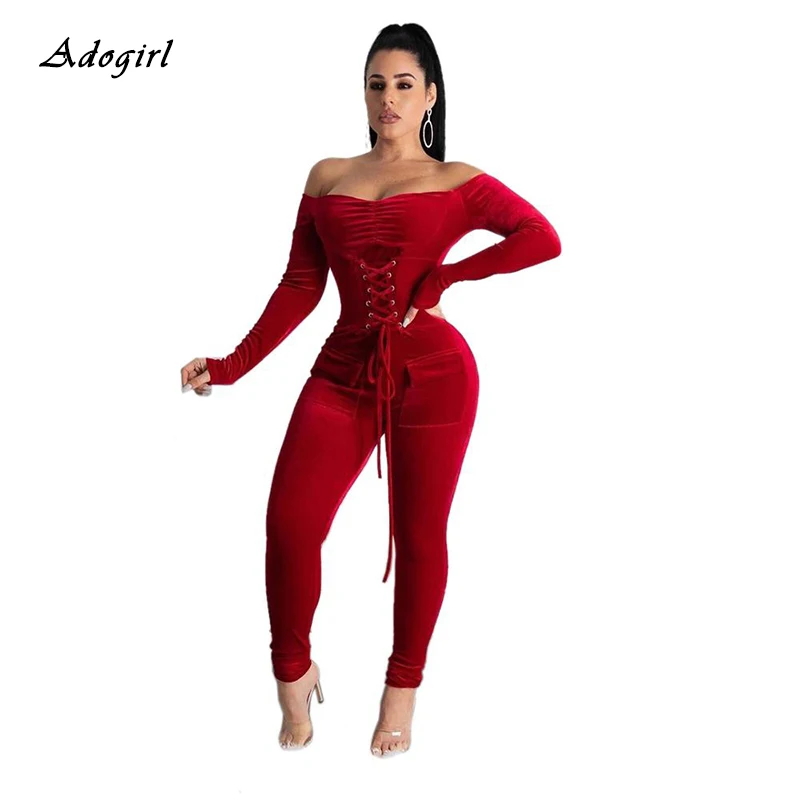 Elegant Off Shoulder Velvet Jumpsuit Women Sexy Corset Lace Up Gromment