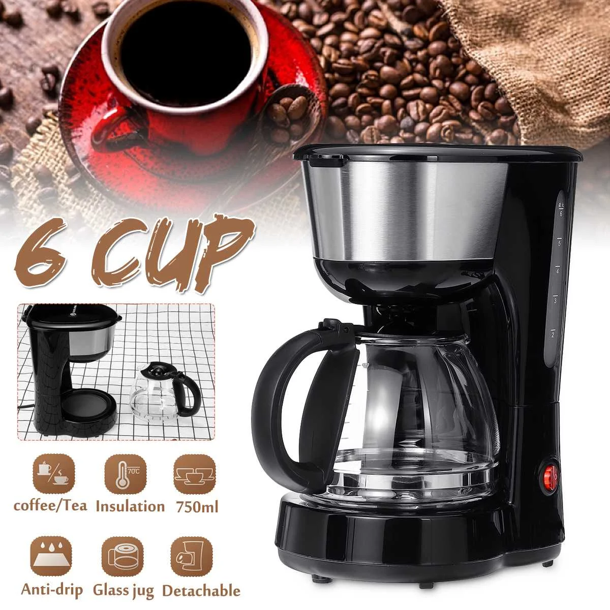 

Coffee Machine 600W 750ML Household Office American Style Drip Tea/Coffee Making 6 Cups Coffee Maker Temperature Control New