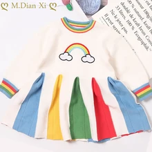 Платье для девочек; сезон осень-зима; Радужное вязаное платье для девочек; платье-свитер; детское платье принцессы для дня рождения; детское платье для девочек