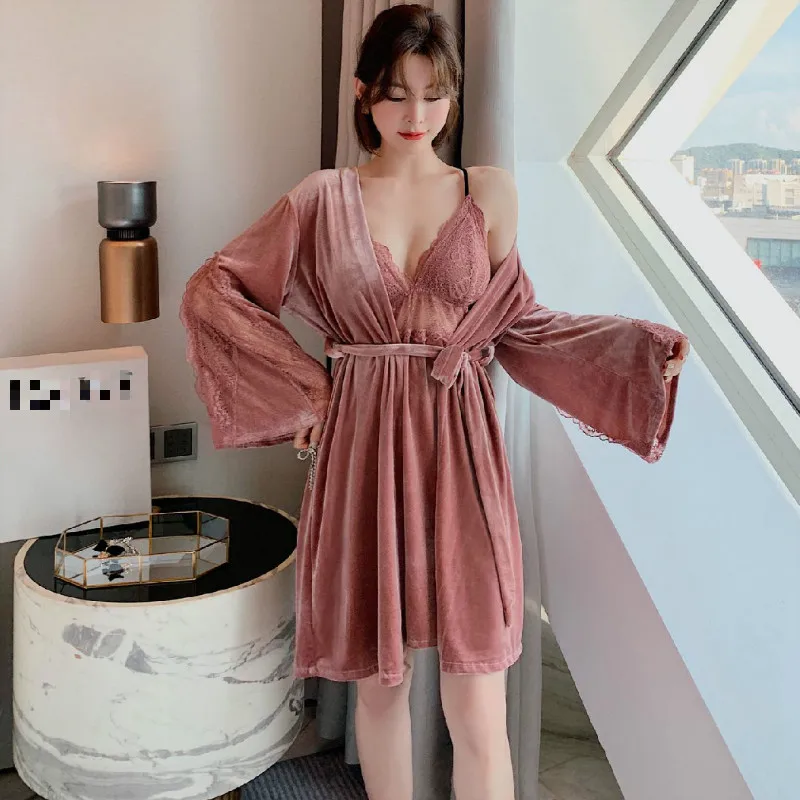 

Women's Nightgown Suit Sexy Bathrobe Cardigan Belt Solid Golden Velvet Sleepwear Robe Sets Thick Warm Homewear Winter 2020