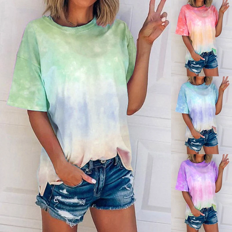New 2020 Summer Sexy Tie Dye Print Short Sleeve T Shirt O-neck Gradient Color Tee Shirt Women Streetwear