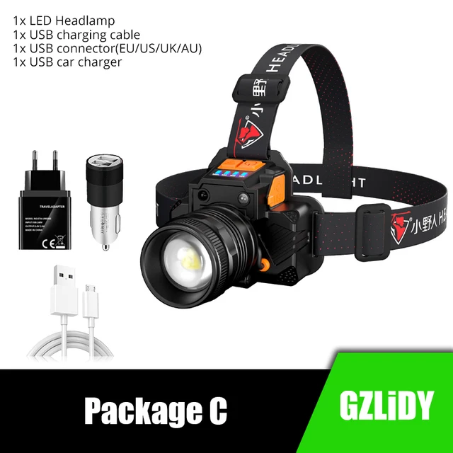 USB Rechargeable LED Headlamp Super Bright T6/L2 Waterproof Headlight with Sensor Switch 3 Modes Fishing Flashlight Zoom Lantern Package C