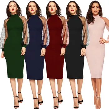 

Fashion Women Solid Mesh Puff Sleeve Patchwork Casual Work Elegant Pencil Dress Dropshipping Winter 2020 fashion Sexy size
