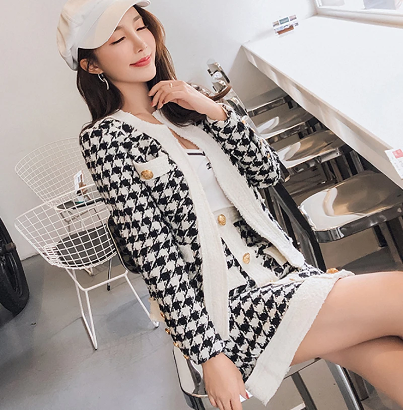 

Small Fragrance Vintage Houndstooth Knitted Jacket Cardigan Coat+Bodycon Skirt Suit Autumn Winter Office Lady Runway 2 Piece Set
