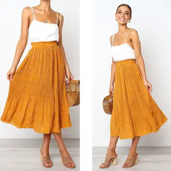 

Womens High Waist Polka Dot Floral Printed Pleated A-Line Swing Ruffles Midi Skirt With Pockets Casual Party Vintage Streetwear