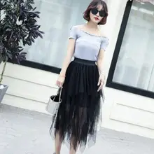 Шифоновая Женская юбка, сетчатая однотонная пышная Пышная юбка, необычные сексуальные юбки, плиссированные черные юбки Jupe Longue DV692