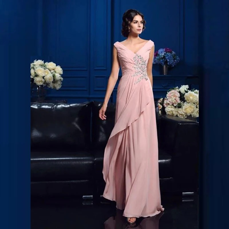 

Wholesale Charming Pink Chiffon Full Length Mother of the Bride Dresses Deep V Neckline Beaded Wedding Party Gowns Back Out