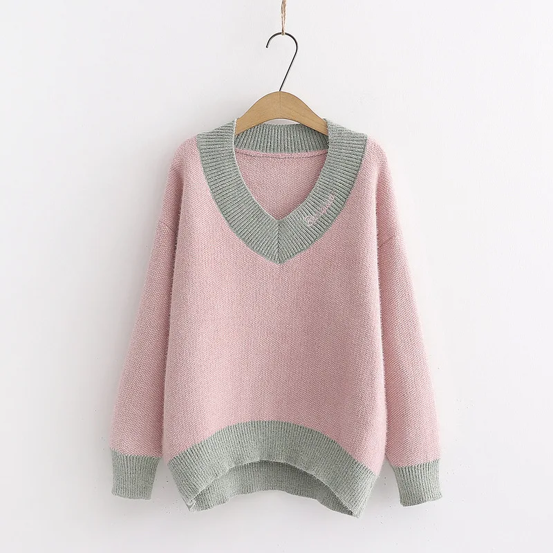 

Japanese-style Hipster Mixed Colors V-neck Low Heart Embroidered Letters Pullover Warm Sweater Student Tops S29002